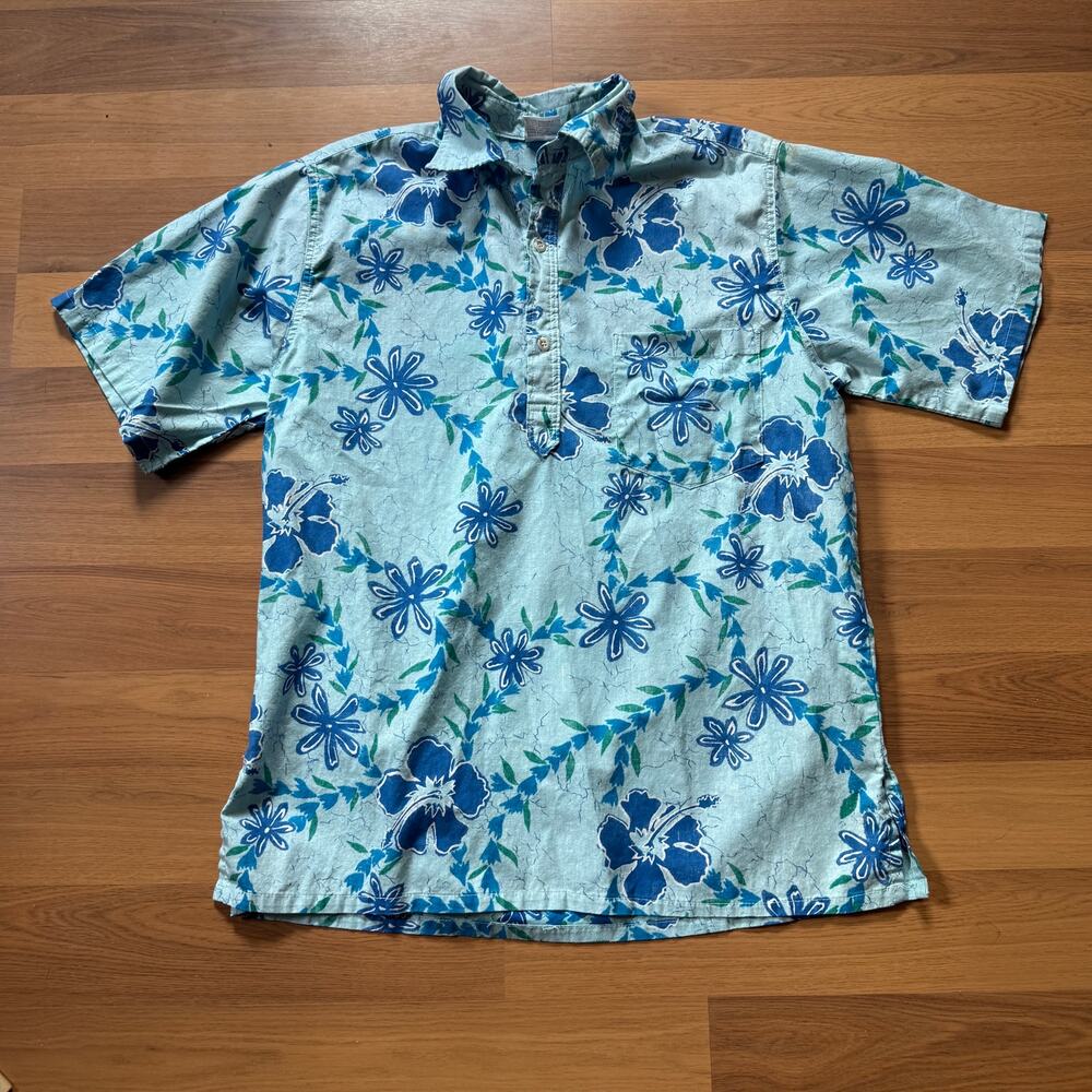 Vintage 90's Go Barefoot Trader Joes Blue Hawaiian Floral Polo Shirt Sz Large